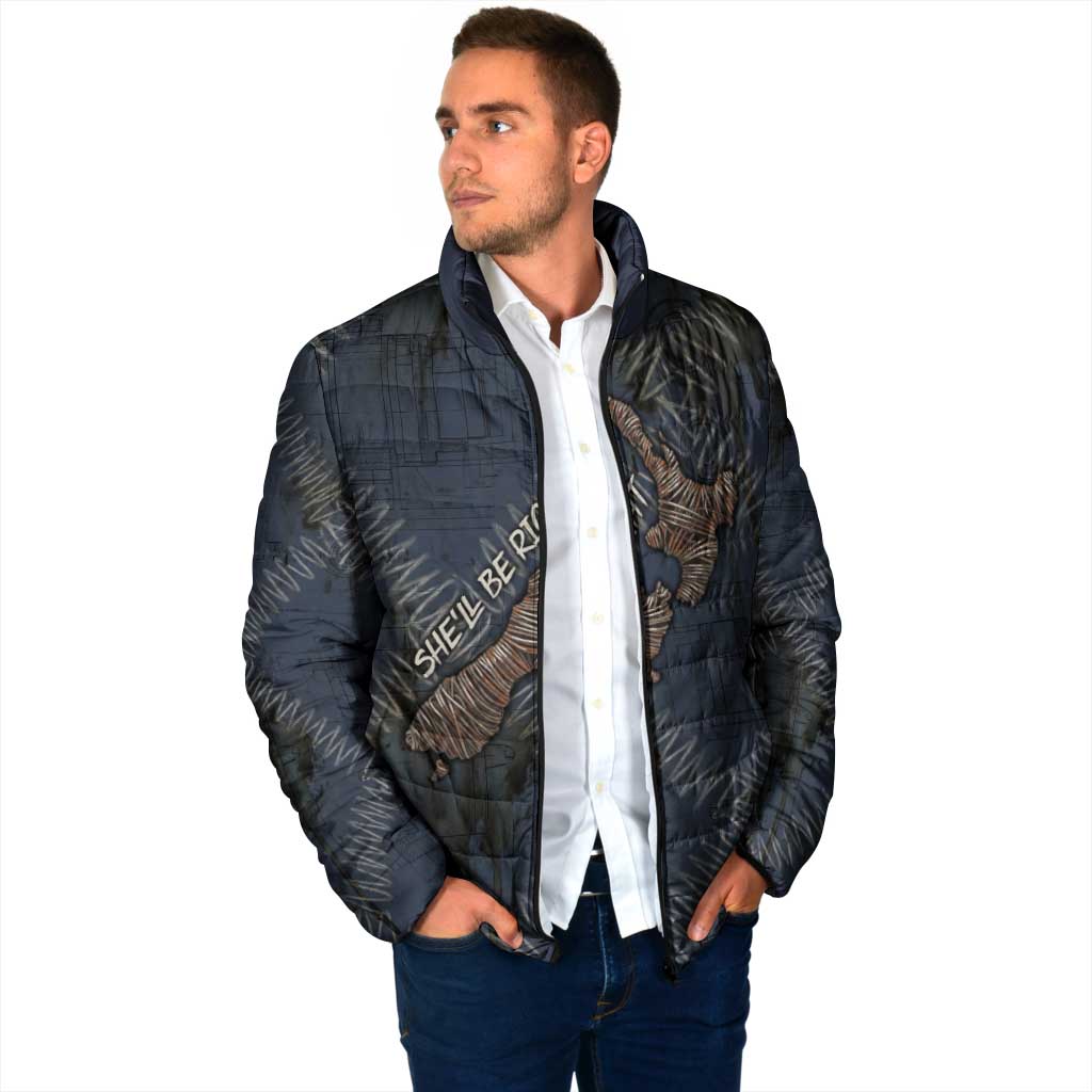 New Zealand She’ll Be Right Padded Jacket NZ Slang No. 8 Wire Map Pattern