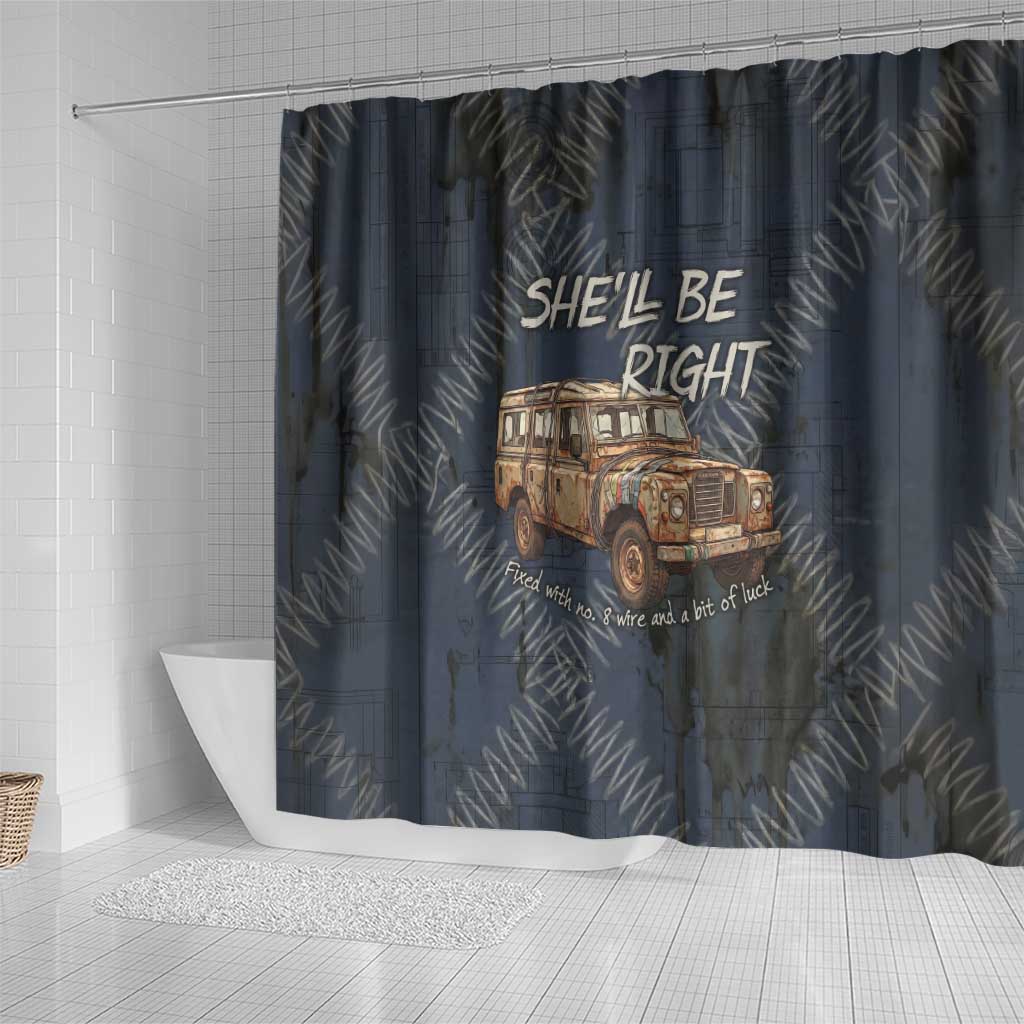 New Zealand She’ll Be Right Shower Curtain NZ Slang No. 8 Wire Map Pattern