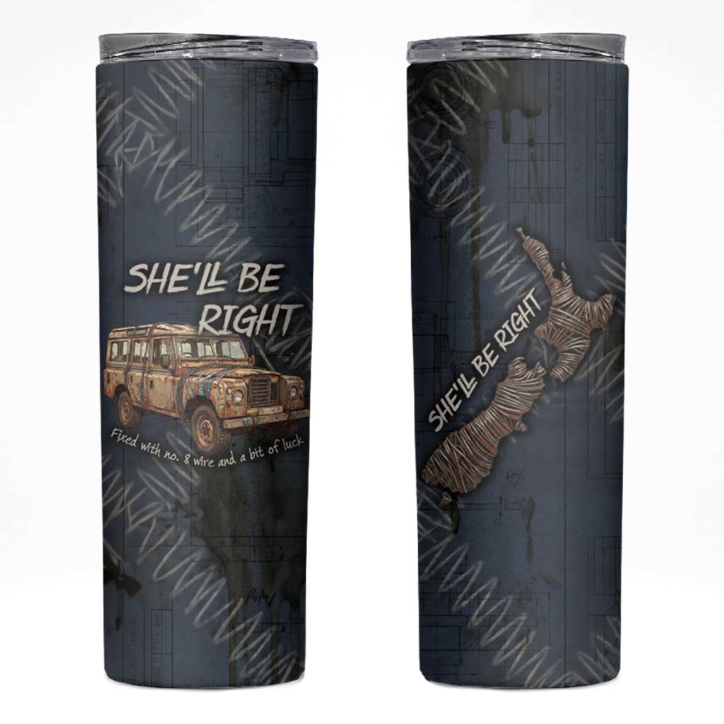 New Zealand She’ll Be Right Skinny Tumbler NZ Slang No. 8 Wire Map Pattern TS04 Navy Slate - Polynesian Pride