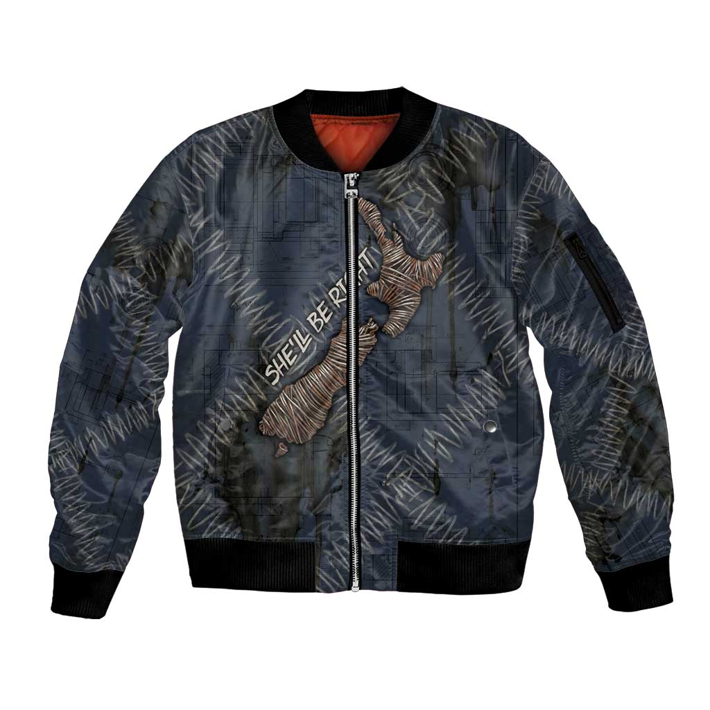 New Zealand She’ll Be Right Sleeve Zip Bomber Jacket NZ Slang No. 8 Wire Map Pattern