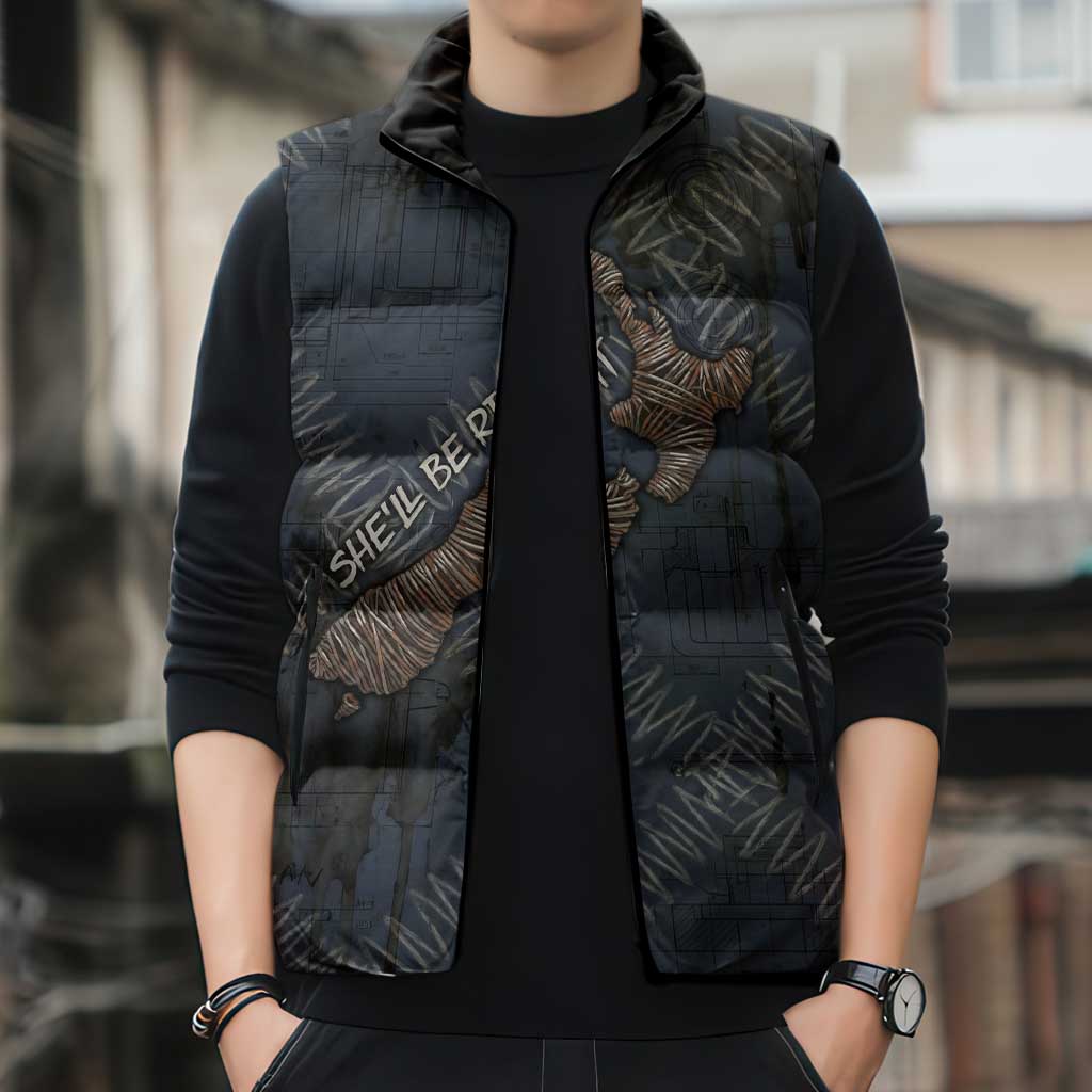 New Zealand She’ll Be Right Sleeveless Puffer Jacket NZ Slang No. 8 Wire Map Pattern