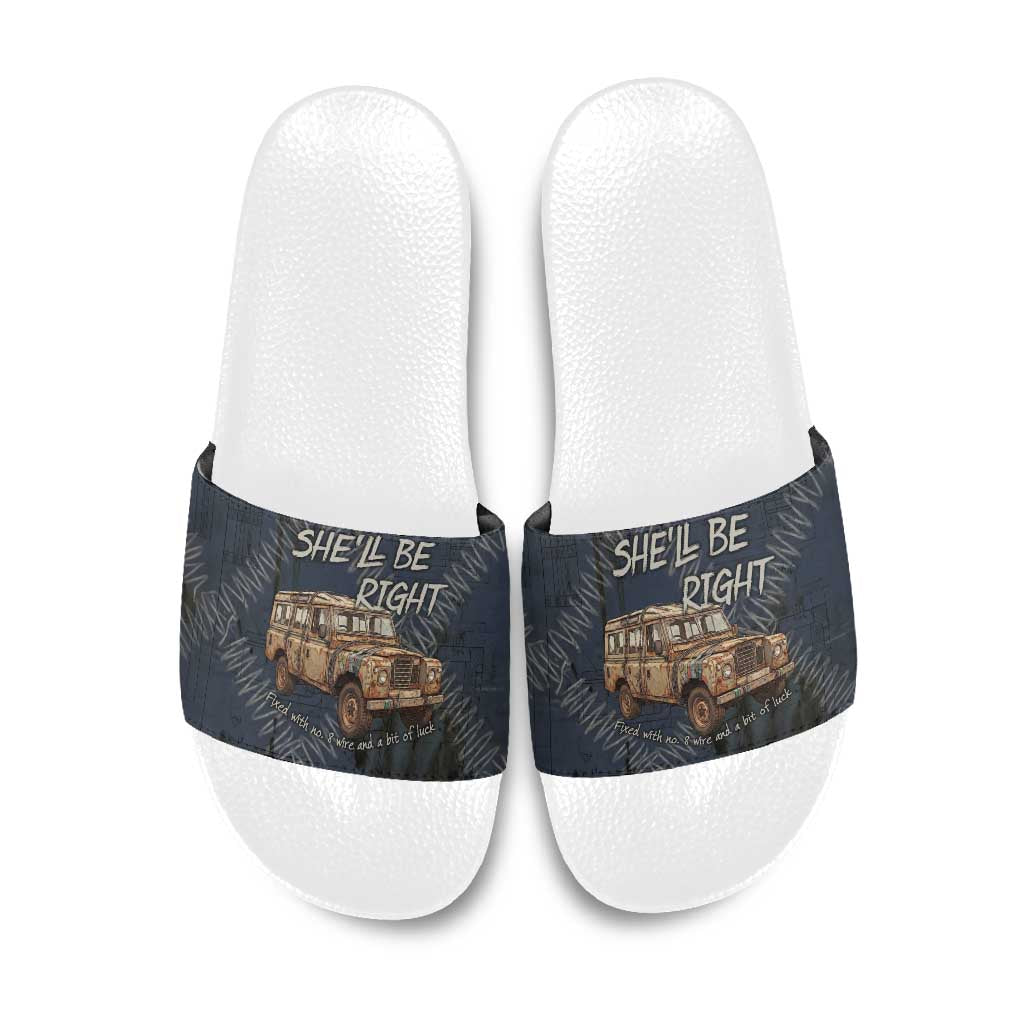New Zealand She’ll Be Right Slide Sandals NZ Slang No. 8 Wire Map Pattern