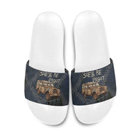 New Zealand She’ll Be Right Slide Sandals NZ Slang No. 8 Wire Map Pattern