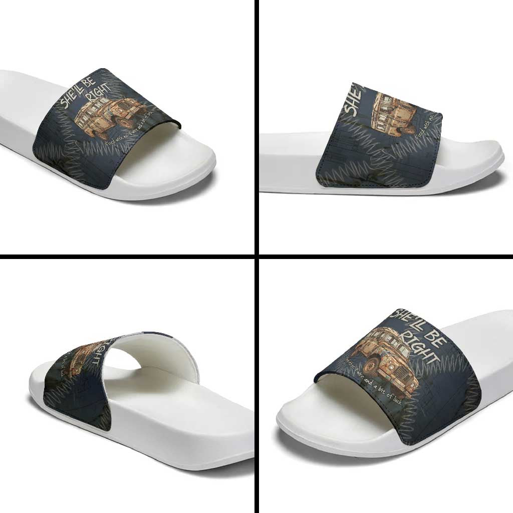 New Zealand She’ll Be Right Slide Sandals NZ Slang No. 8 Wire Map Pattern