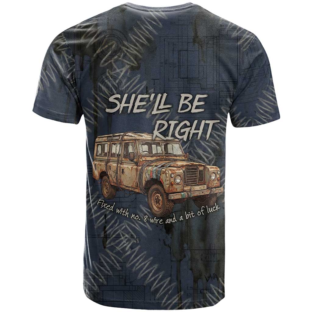 New Zealand She’ll Be Right T Shirt NZ Slang No. 8 Wire Map Pattern