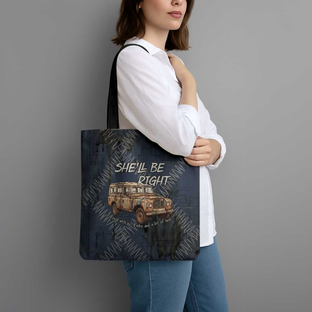 New Zealand She’ll Be Right Tote Bag NZ Slang No. 8 Wire Map Pattern