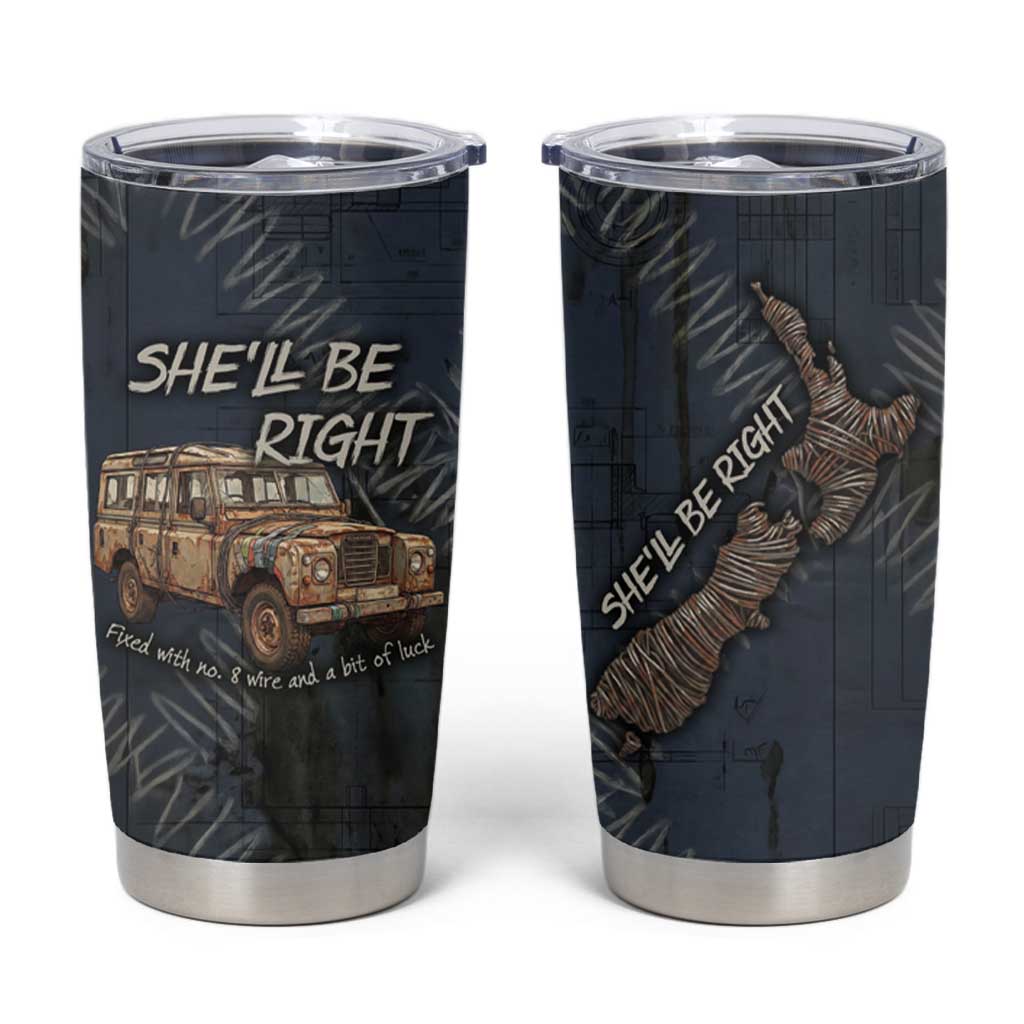 New Zealand She’ll Be Right Tumbler Cup NZ Slang No. 8 Wire Map Pattern