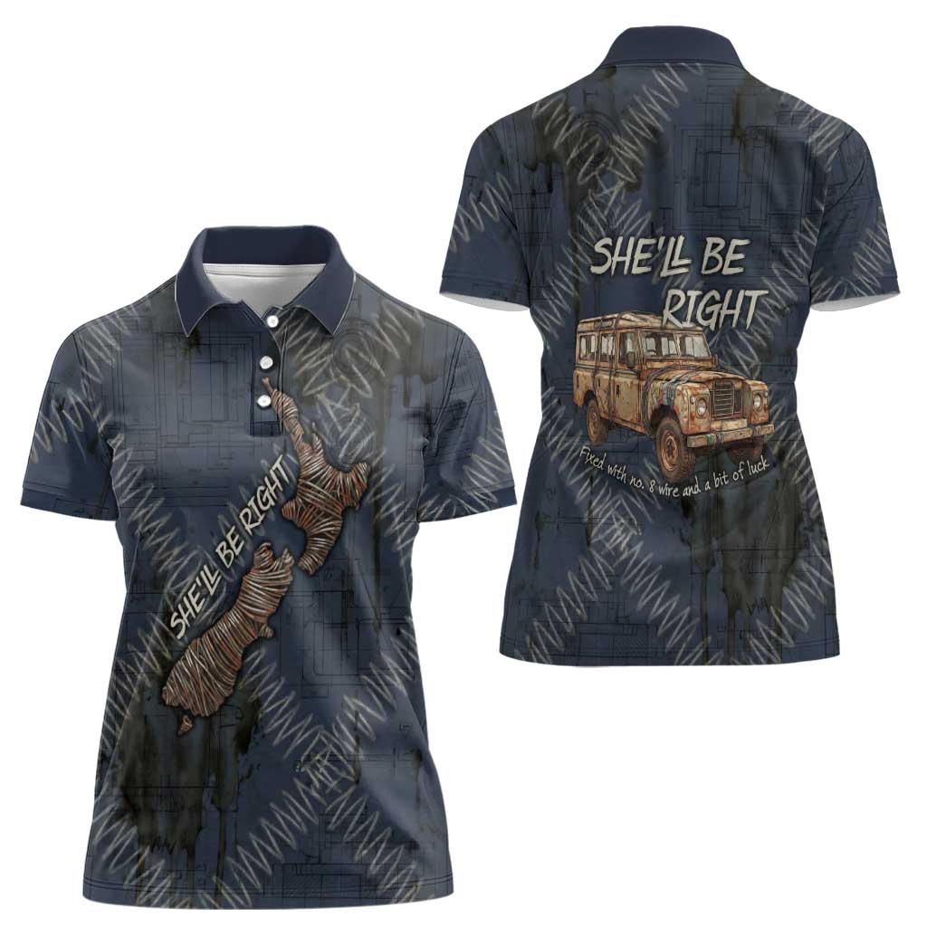 New Zealand She’ll Be Right Women Polo Shirt NZ Slang No. 8 Wire Map Pattern