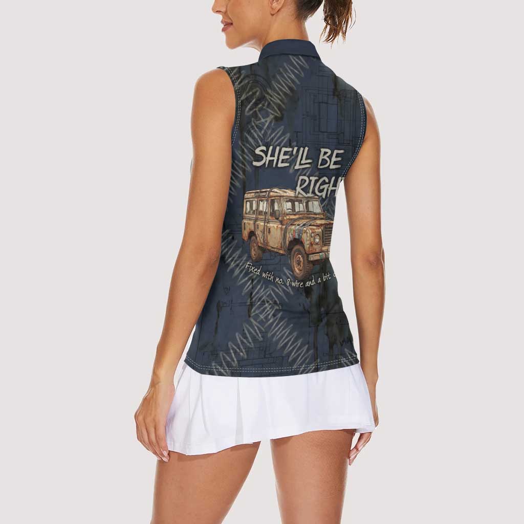 New Zealand She’ll Be Right Women Sleeveless Polo Shirt NZ Slang No. 8 Wire Map Pattern
