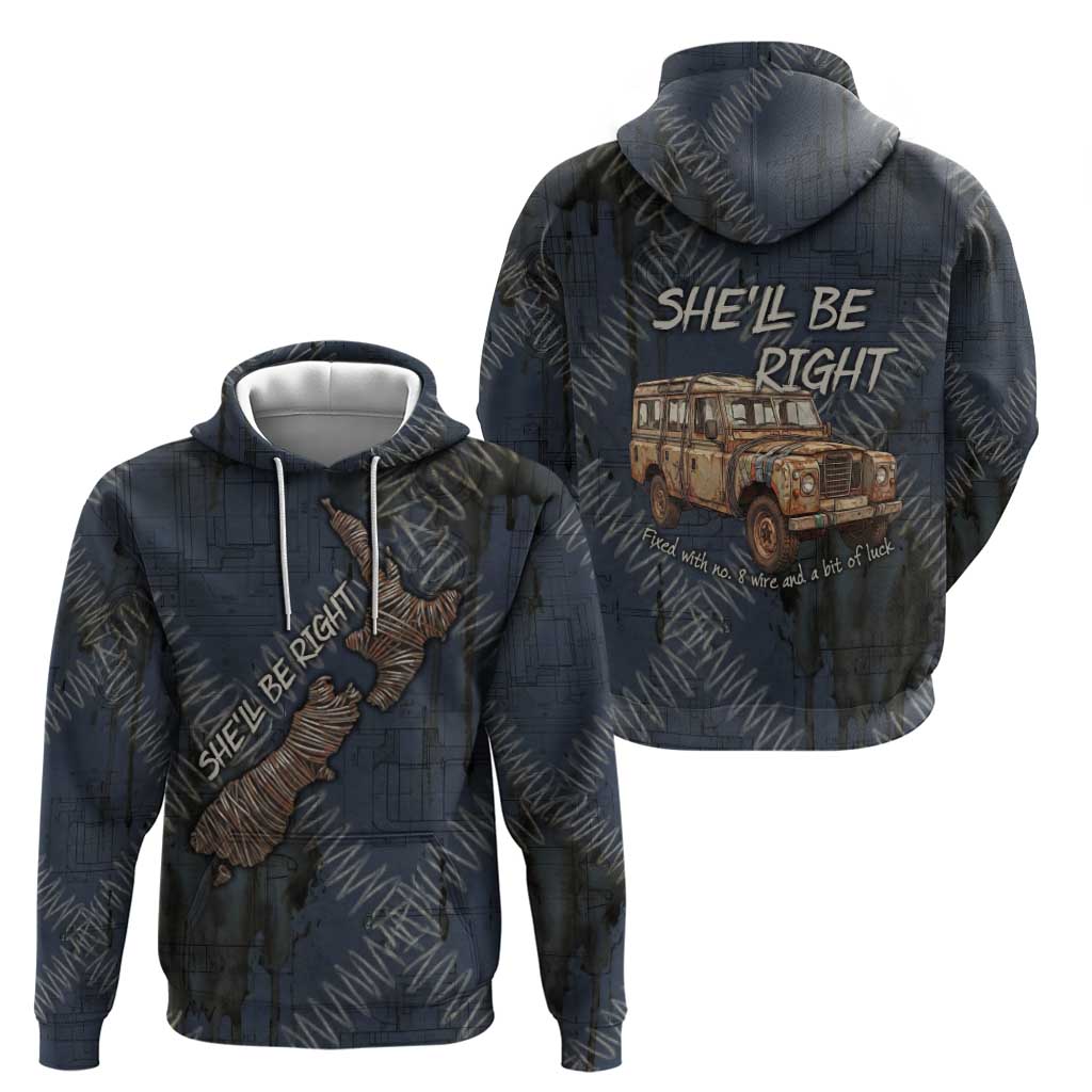 New Zealand She’ll Be Right Zip Hoodie NZ Slang No. 8 Wire Map Pattern