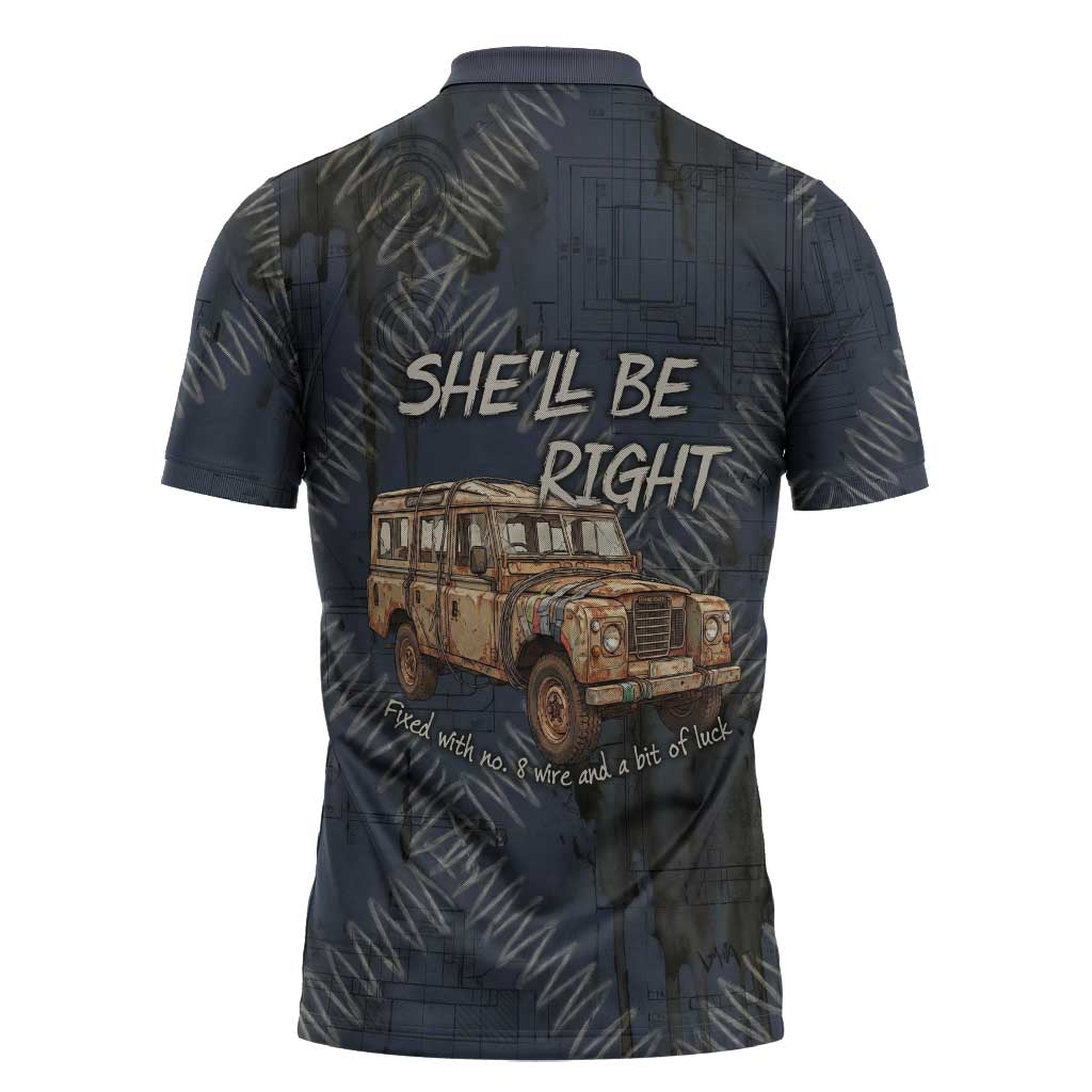 New Zealand She’ll Be Right Zipper Polo Shirt NZ Slang No. 8 Wire Map Pattern