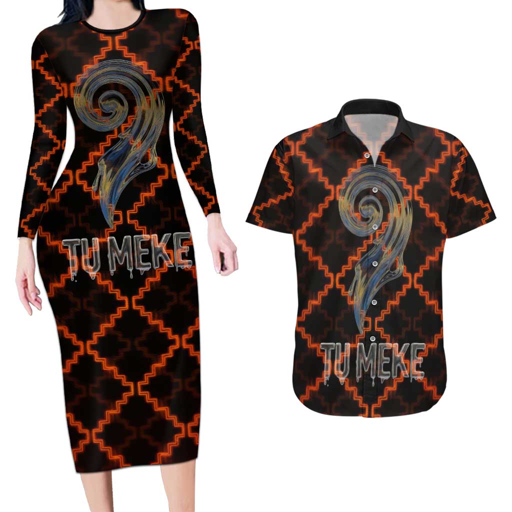 Tu Meke Maori New Zealand Slang Couples Matching Long Sleeve Bodycon Dress and Hawaiian Shirt with Glow Neon Step Style