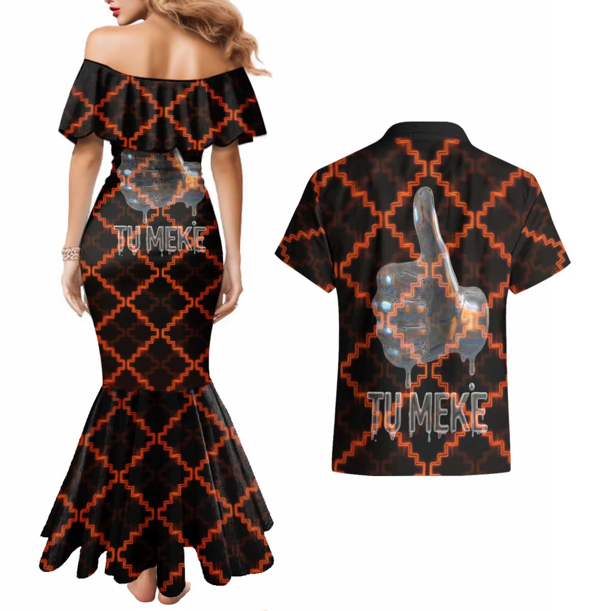 Tu Meke Maori New Zealand Slang Couples Matching Mermaid Dress and Hawaiian Shirt with Glow Neon Step Style