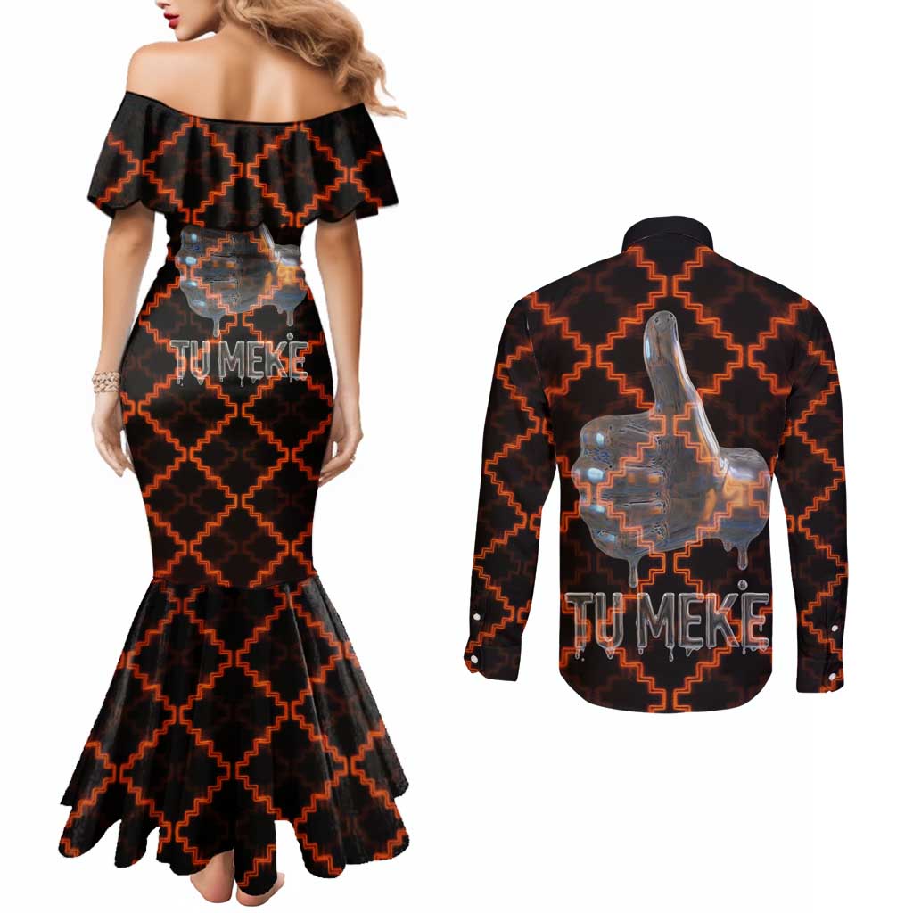 Tu Meke Maori New Zealand Slang Couples Matching Mermaid Dress and Long Sleeve Button Shirt with Glow Neon Step Style