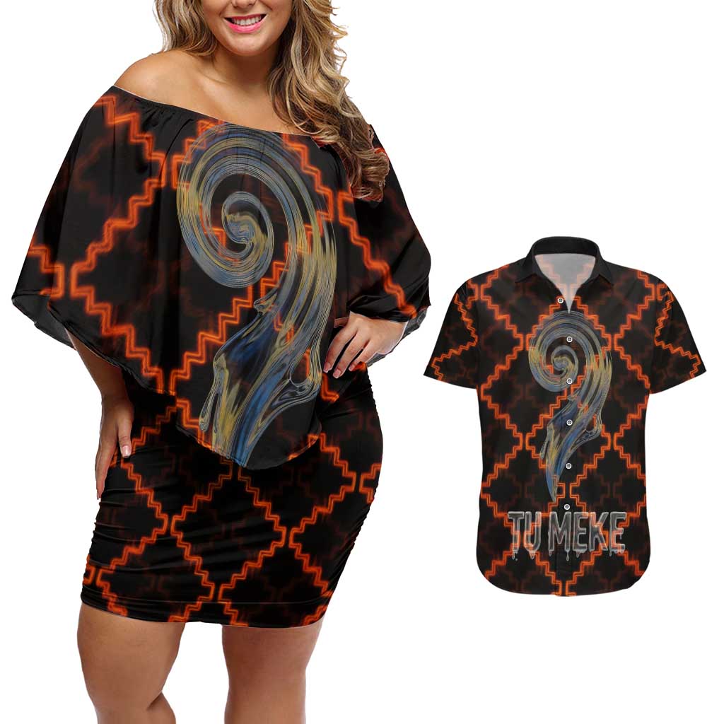 Tu Meke Maori New Zealand Slang Couples Matching Off Shoulder Short Dress and Hawaiian Shirt with Glow Neon Step Style