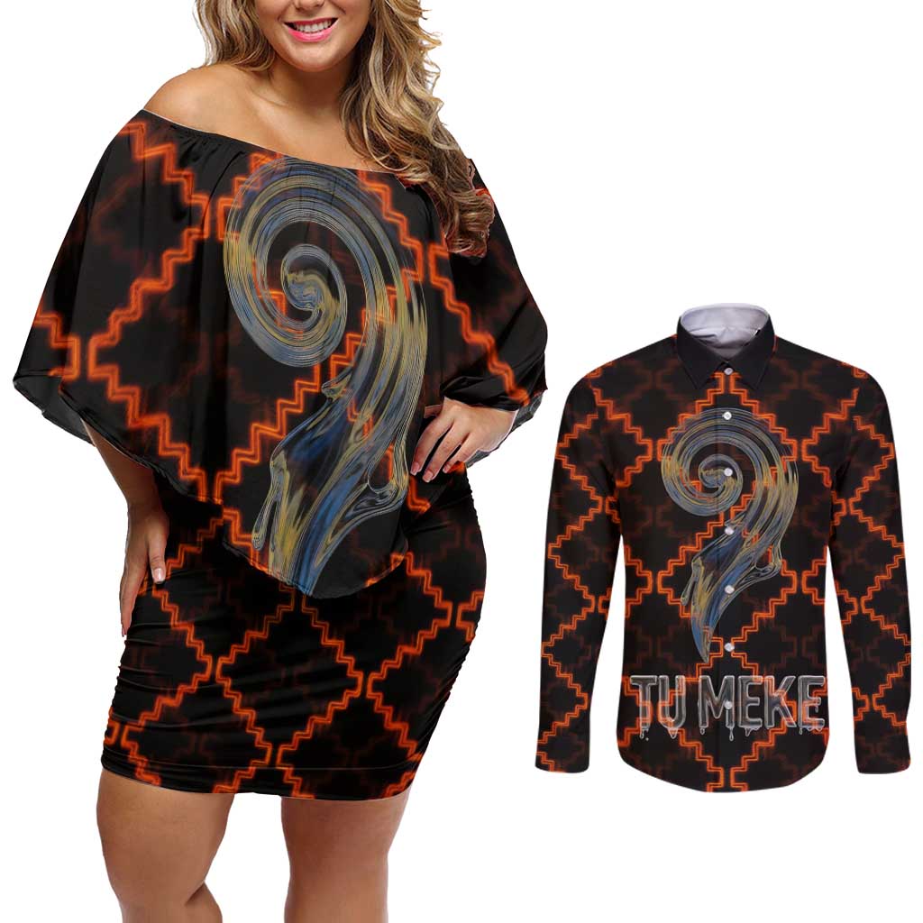 Tu Meke Maori New Zealand Slang Couples Matching Off Shoulder Short Dress and Long Sleeve Button Shirt with Glow Neon Step Style