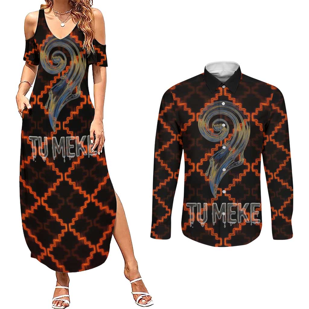 Tu Meke Maori New Zealand Slang Couples Matching Summer Maxi Dress and Long Sleeve Button Shirt with Glow Neon Step Style