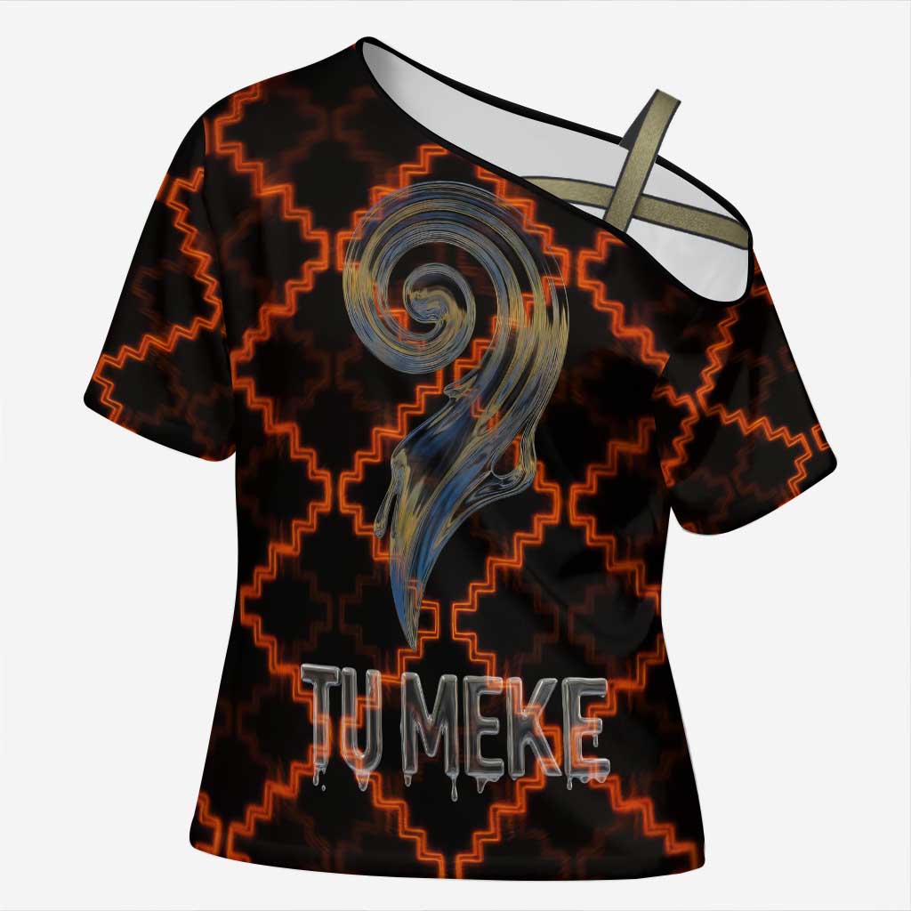 Tu Meke Maori New Zealand Slang Cross Shoulder Shirt with Glow Neon Step Style TS04 Female Black Orange - Polynesian Pride