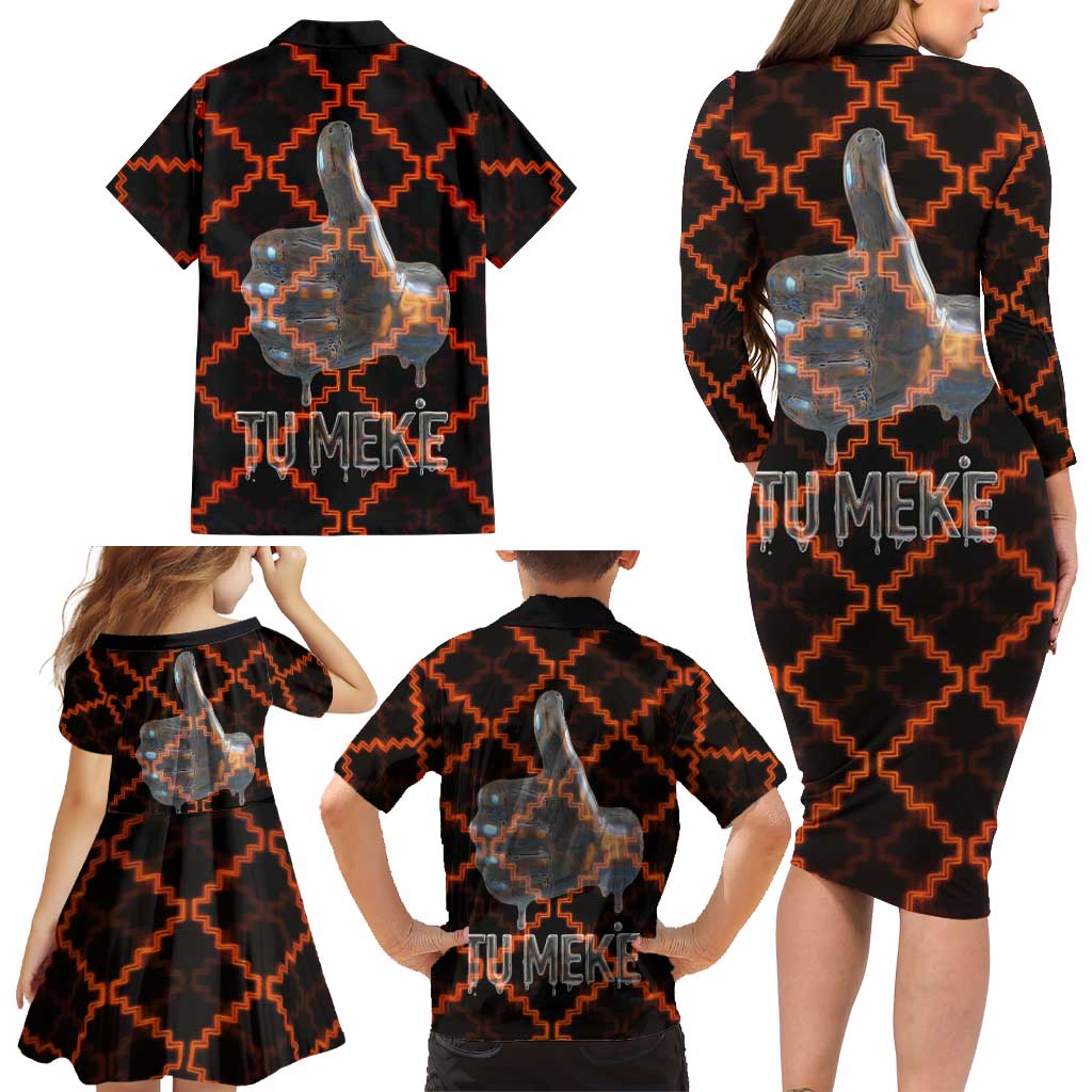 Tu Meke Maori New Zealand Slang Family Matching Long Sleeve Bodycon Dress and Hawaiian Shirt with Glow Neon Step Style