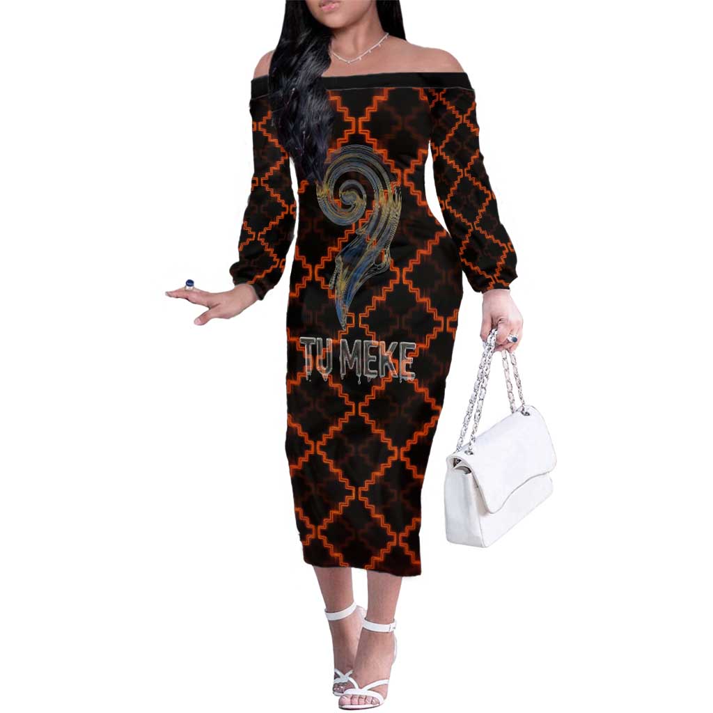 Tu Meke Maori New Zealand Slang Family Matching Off The Shoulder Long Sleeve Dress and Hawaiian Shirt with Glow Neon Step Style