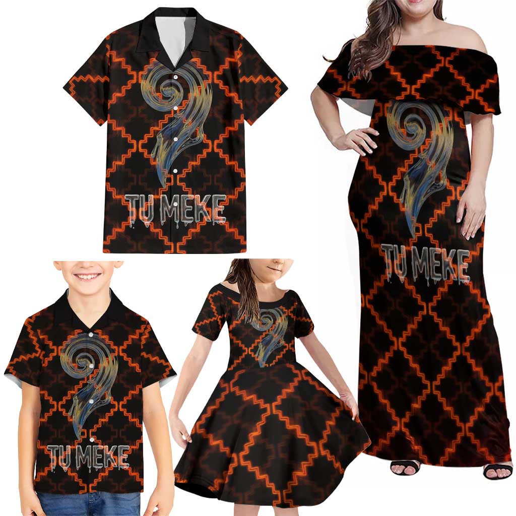 Tu Meke Maori New Zealand Slang Family Matching Off Shoulder Maxi Dress and Hawaiian Shirt with Glow Neon Step Style
