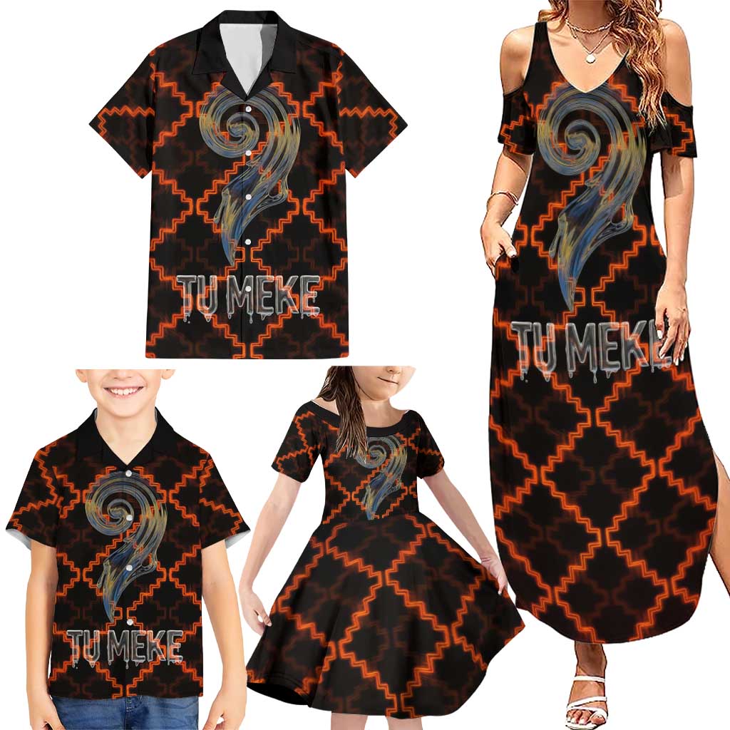 Tu Meke Maori New Zealand Slang Family Matching Summer Maxi Dress and Hawaiian Shirt with Glow Neon Step Style