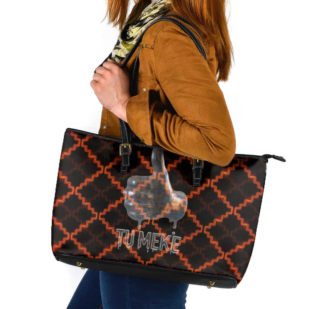 Tu Meke Maori New Zealand Slang Leather Tote Bag with Glow Neon Step Style