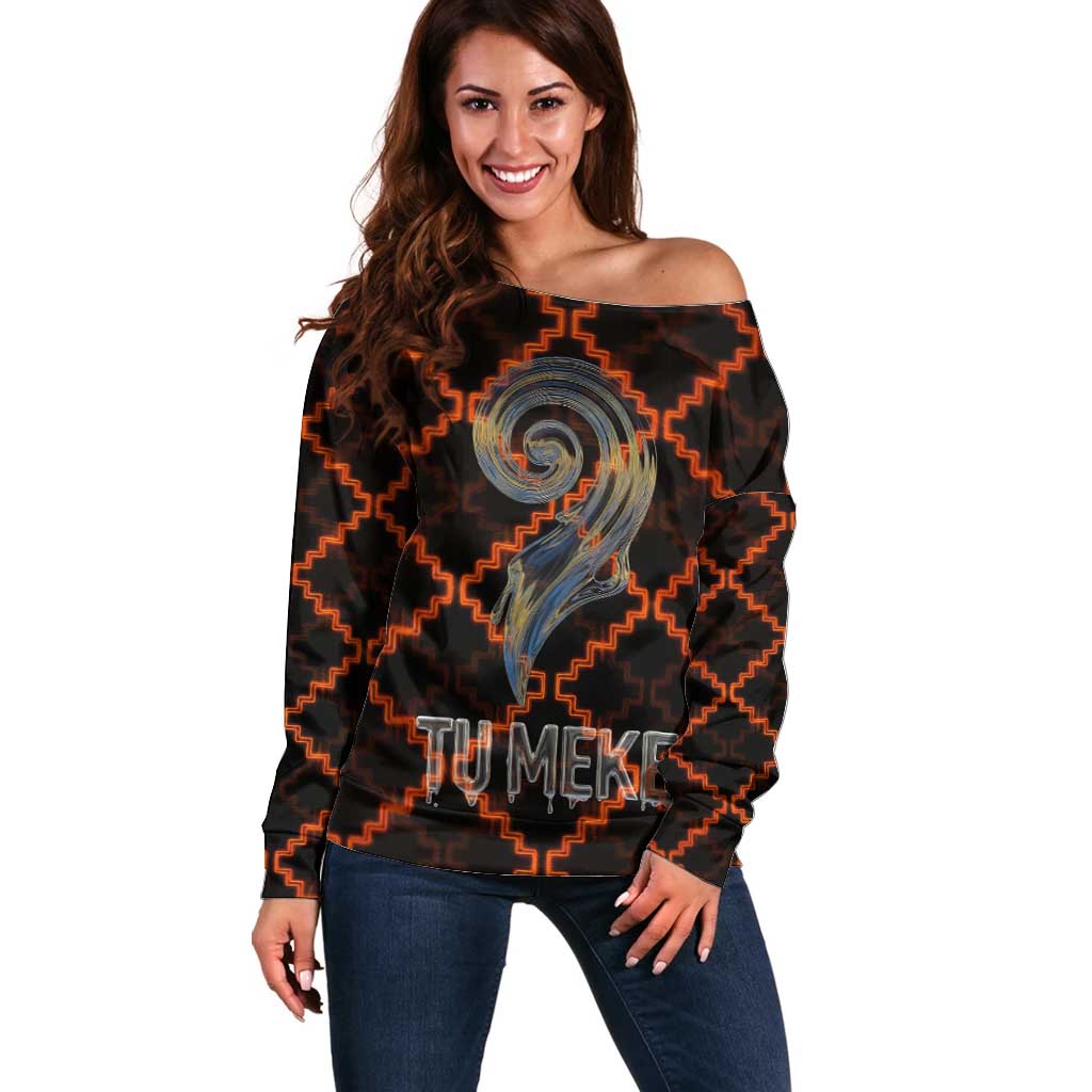 Tu Meke Maori New Zealand Slang Off Shoulder Sweater with Glow Neon Step Style TS04 Women Black Orange - Polynesian Pride