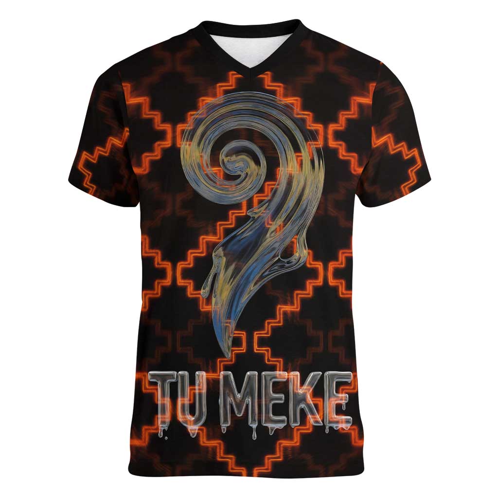 Tu Meke Maori New Zealand Slang Women V-Neck T-Shirt with Glow Neon Step Style