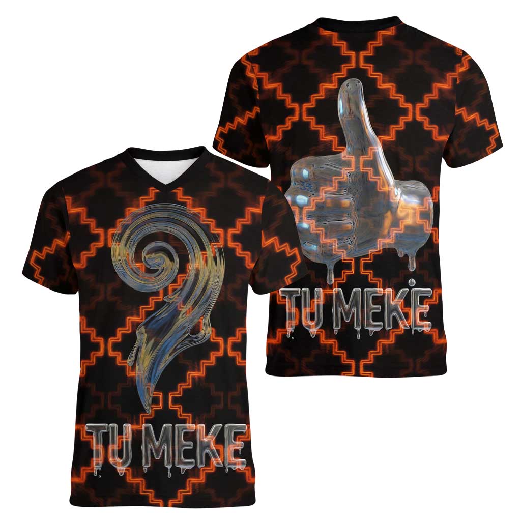 Tu Meke Maori New Zealand Slang Women V-Neck T-Shirt with Glow Neon Step Style