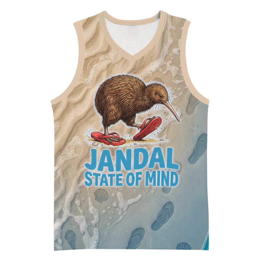 Kiwi Jandal Beach Life Basketball Jersey New Zealand Flip Flops Ocean Wave Surf Style TS04 Unisex Beige Cyan - Polynesian Pride
