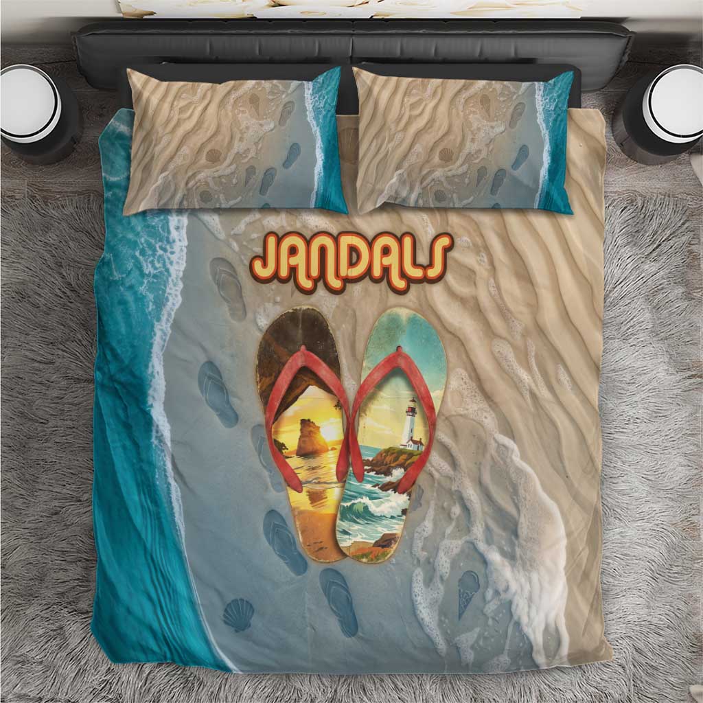 Kiwi Jandal Beach Life Bedding Set New Zealand Flip Flops Ocean Wave Surf Style TS04 Beige Cyan - Polynesian Pride