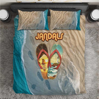 Kiwi Jandal Beach Life Bedding Set New Zealand Flip Flops Ocean Wave Surf Style TS04 Beige Cyan - Polynesian Pride