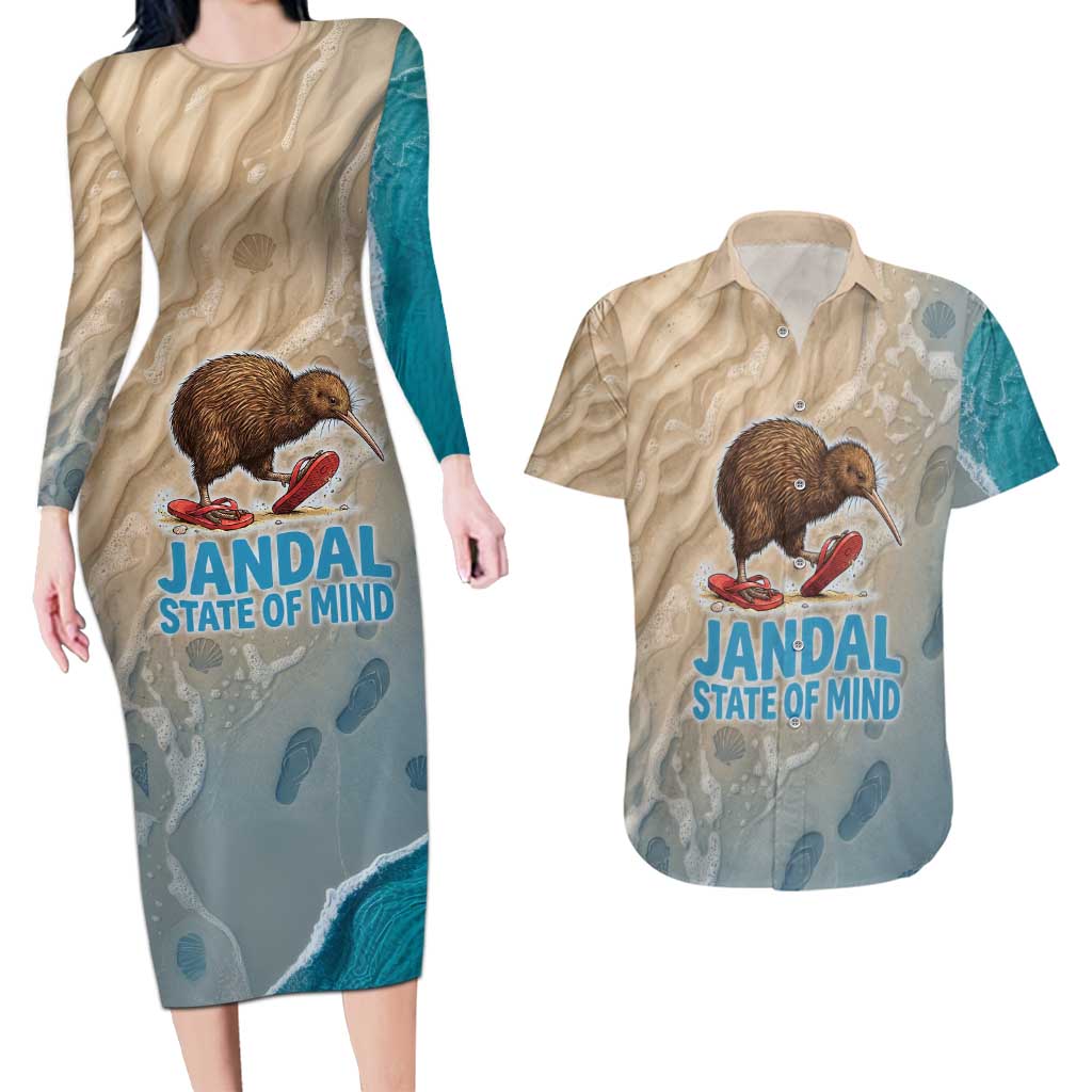 Kiwi Jandal Beach Life Couples Matching Long Sleeve Bodycon Dress and Hawaiian Shirt New Zealand Flip Flops Ocean Wave Surf Style