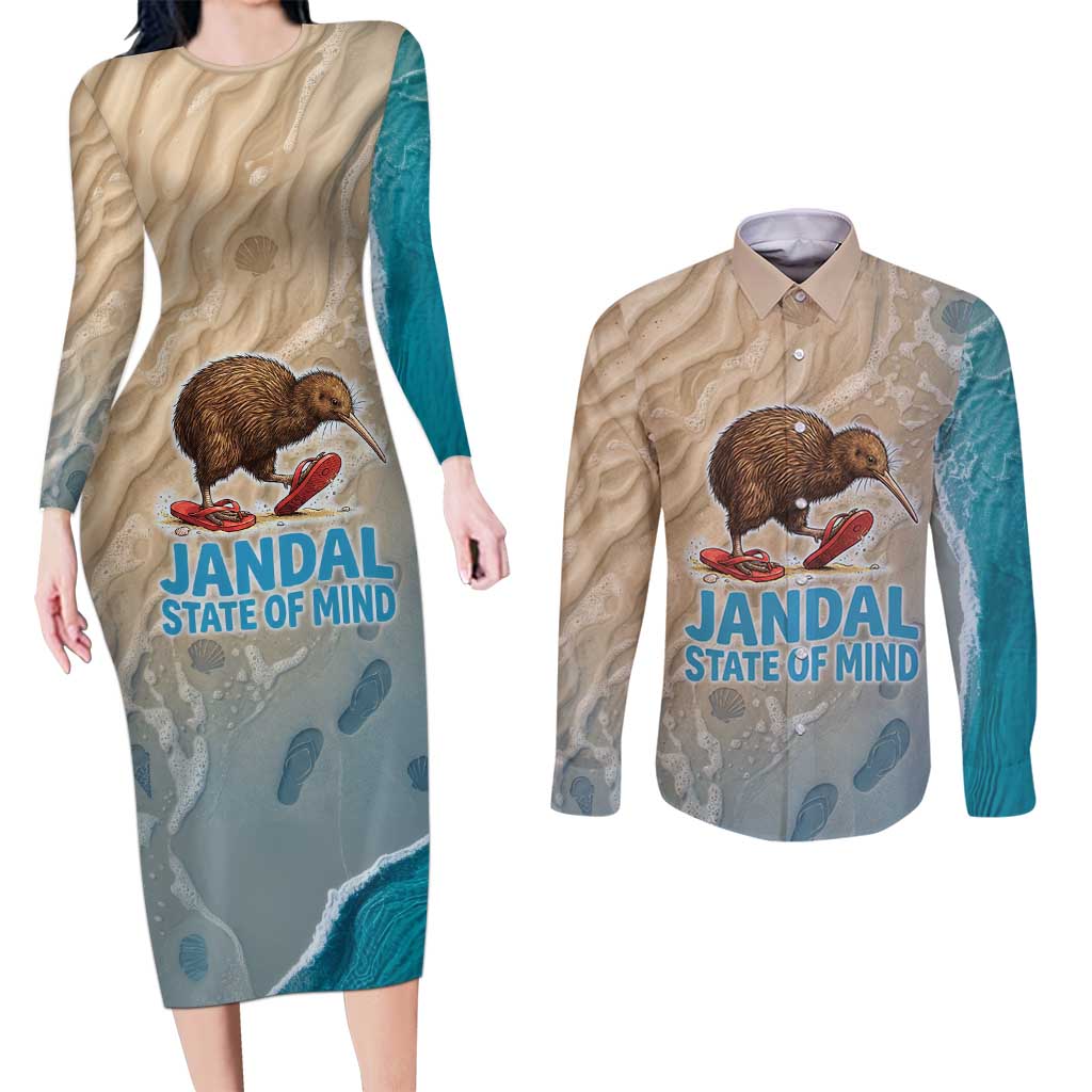 Kiwi Jandal Beach Life Couples Matching Long Sleeve Bodycon Dress and Long Sleeve Button Shirt New Zealand Flip Flops Ocean Wave Surf Style