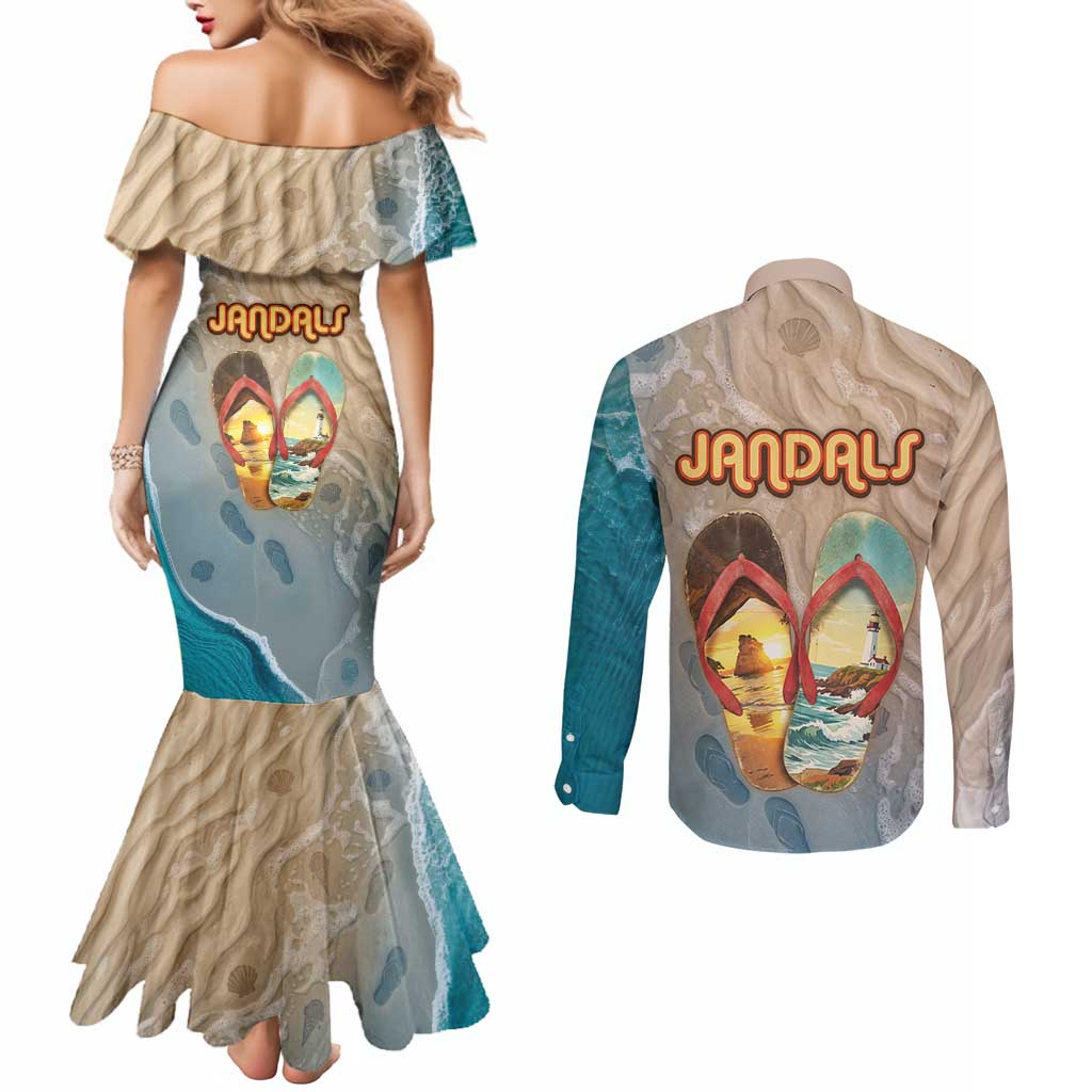 Kiwi Jandal Beach Life Couples Matching Mermaid Dress and Long Sleeve Button Shirt New Zealand Flip Flops Ocean Wave Surf Style