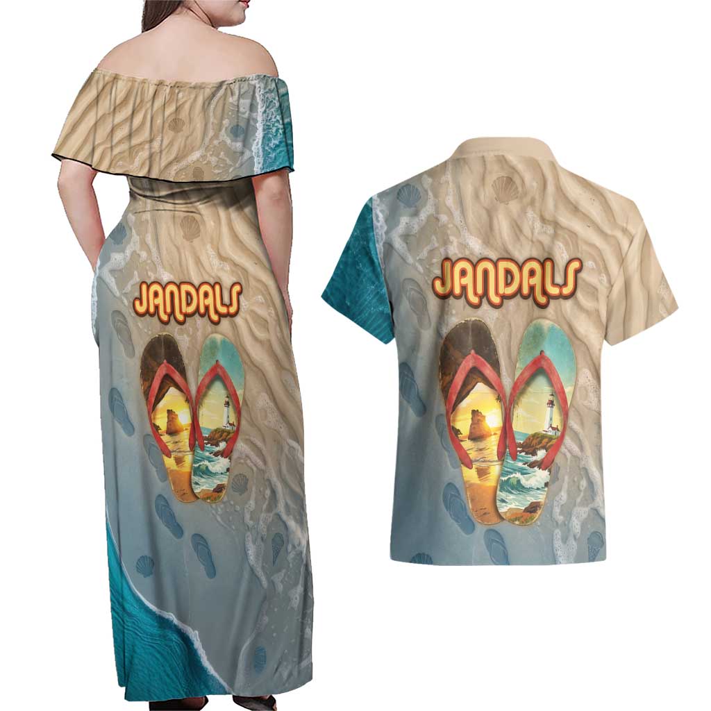 Kiwi Jandal Beach Life Couples Matching Off Shoulder Maxi Dress and Hawaiian Shirt New Zealand Flip Flops Ocean Wave Surf Style