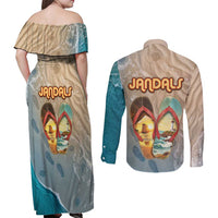 Kiwi Jandal Beach Life Couples Matching Off Shoulder Maxi Dress and Long Sleeve Button Shirt New Zealand Flip Flops Ocean Wave Surf Style