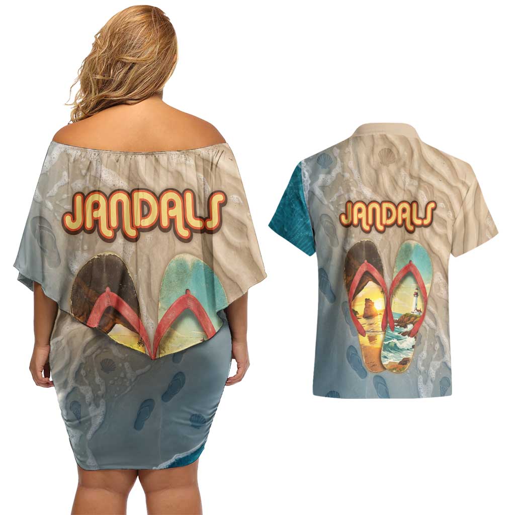Kiwi Jandal Beach Life Couples Matching Off Shoulder Short Dress and Hawaiian Shirt New Zealand Flip Flops Ocean Wave Surf Style