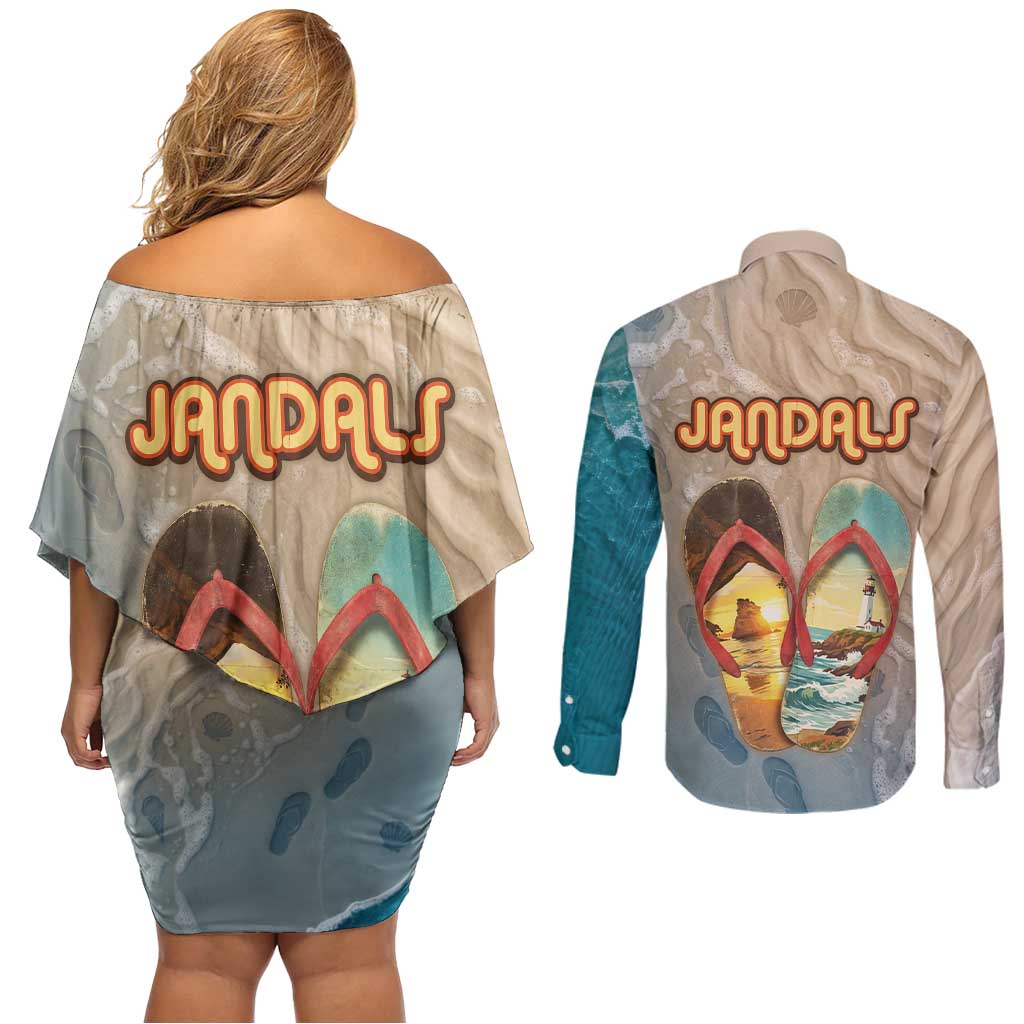 Kiwi Jandal Beach Life Couples Matching Off Shoulder Short Dress and Long Sleeve Button Shirt New Zealand Flip Flops Ocean Wave Surf Style