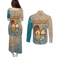 Kiwi Jandal Beach Life Couples Matching Puletasi and Long Sleeve Button Shirt New Zealand Flip Flops Ocean Wave Surf Style