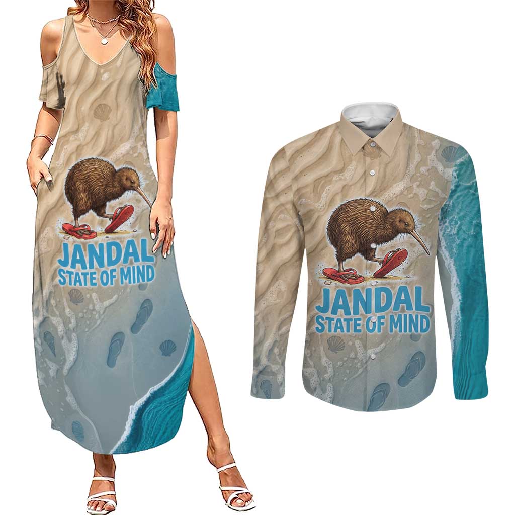 Kiwi Jandal Beach Life Couples Matching Summer Maxi Dress and Long Sleeve Button Shirt New Zealand Flip Flops Ocean Wave Surf Style