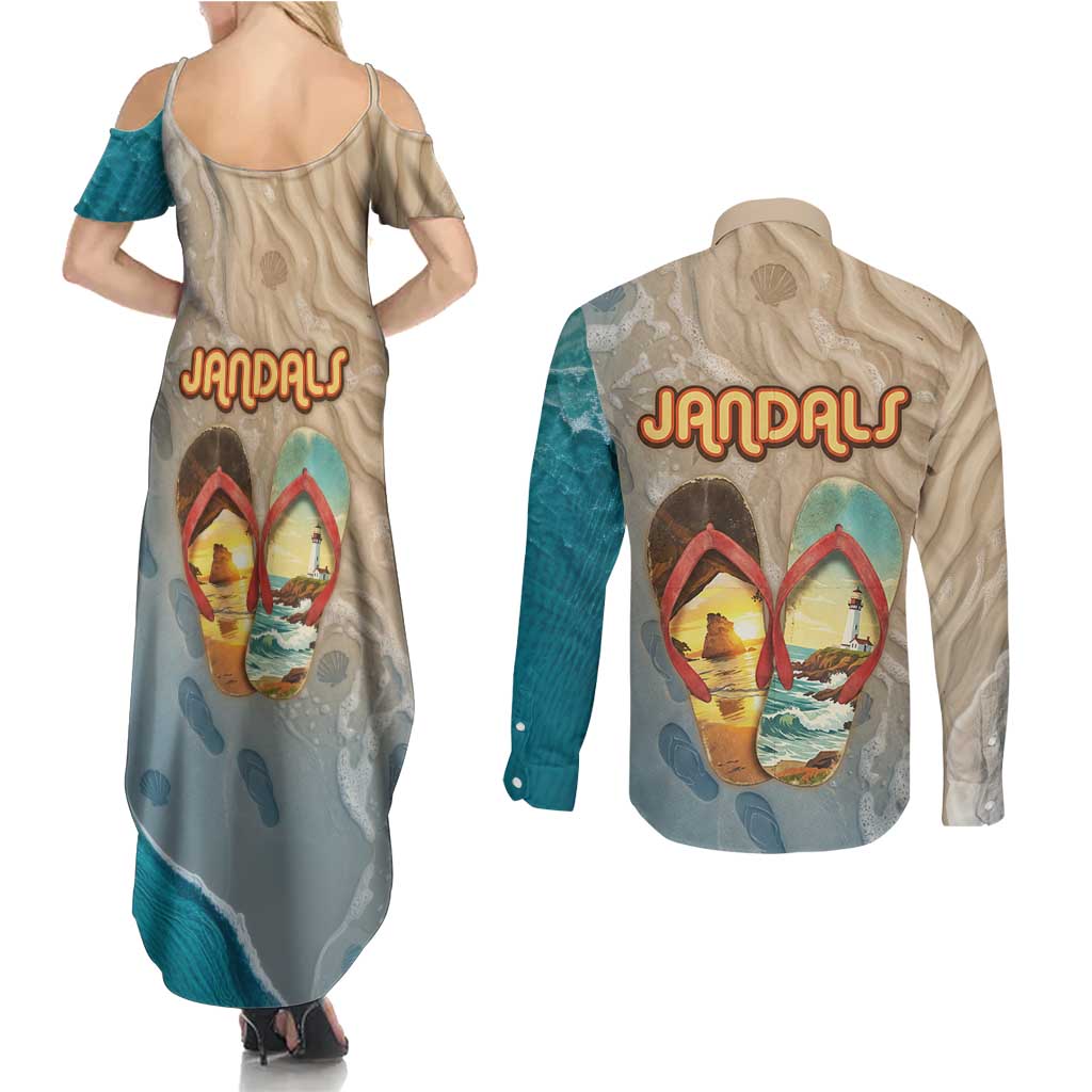 Kiwi Jandal Beach Life Couples Matching Summer Maxi Dress and Long Sleeve Button Shirt New Zealand Flip Flops Ocean Wave Surf Style