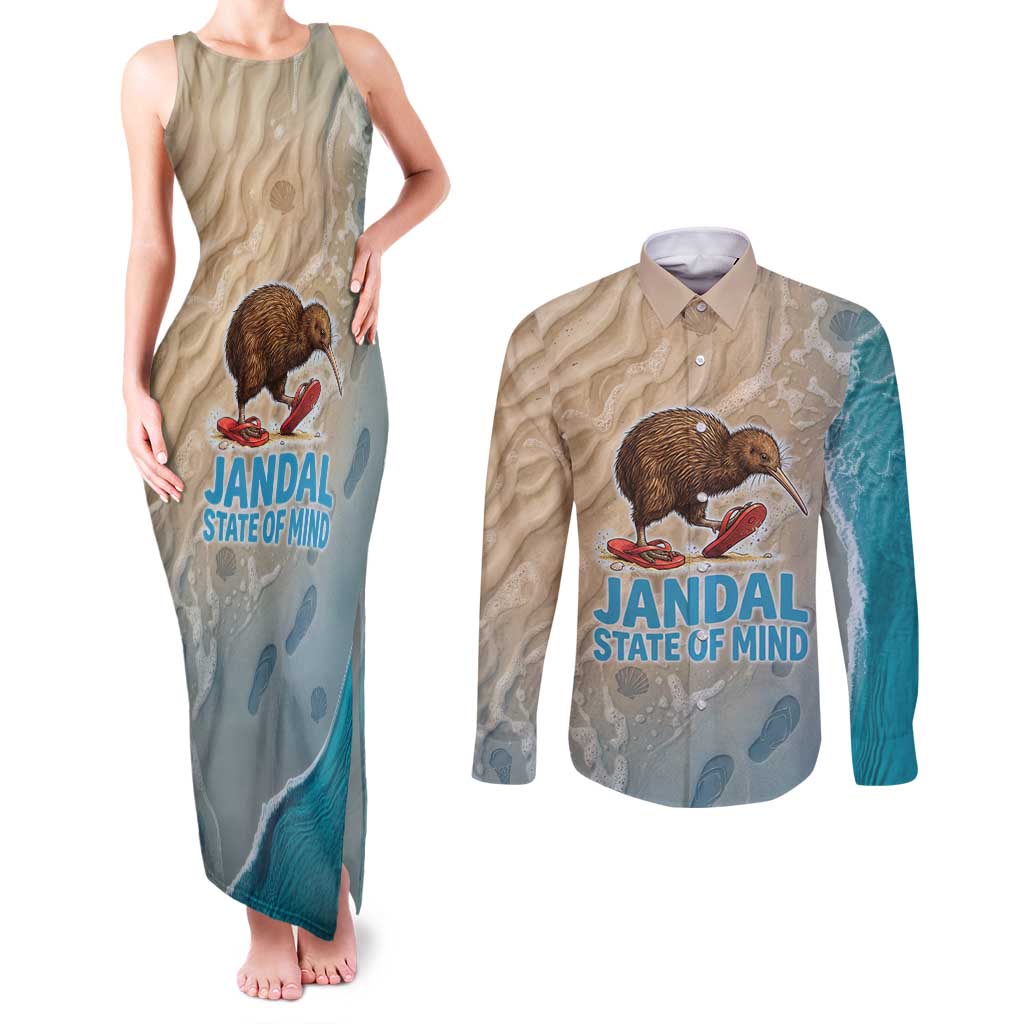 Kiwi Jandal Beach Life Couples Matching Tank Maxi Dress and Long Sleeve Button Shirt New Zealand Flip Flops Ocean Wave Surf Style