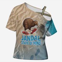 Kiwi Jandal Beach Life Cross Shoulder Shirt New Zealand Flip Flops Ocean Wave Surf Style TS04 Female Beige Cyan - Polynesian Pride