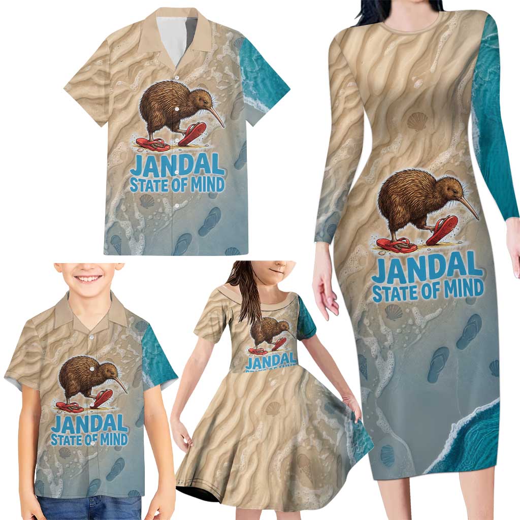 Kiwi Jandal Beach Life Family Matching Long Sleeve Bodycon Dress and Hawaiian Shirt New Zealand Flip Flops Ocean Wave Surf Style