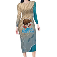 Kiwi Jandal Beach Life Family Matching Long Sleeve Bodycon Dress and Hawaiian Shirt New Zealand Flip Flops Ocean Wave Surf Style
