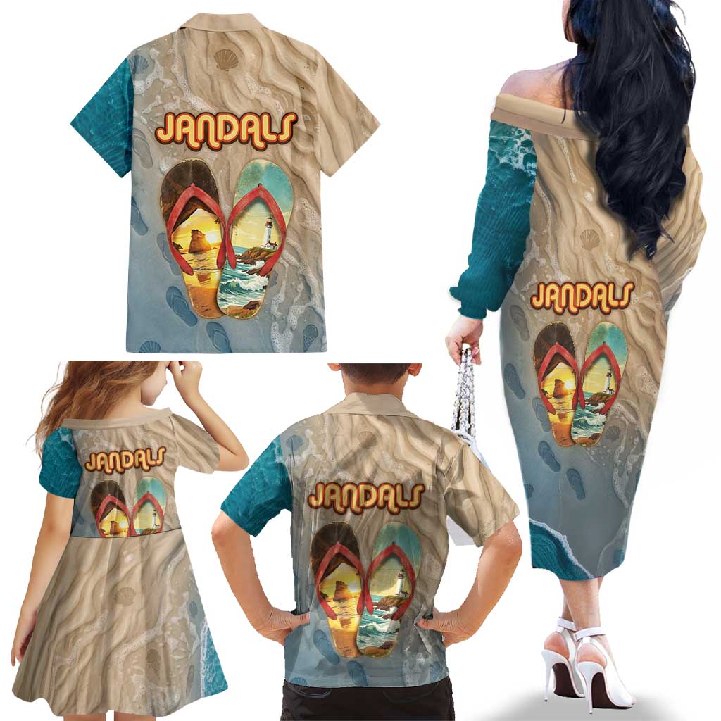 Kiwi Jandal Beach Life Family Matching Off The Shoulder Long Sleeve Dress and Hawaiian Shirt New Zealand Flip Flops Ocean Wave Surf Style