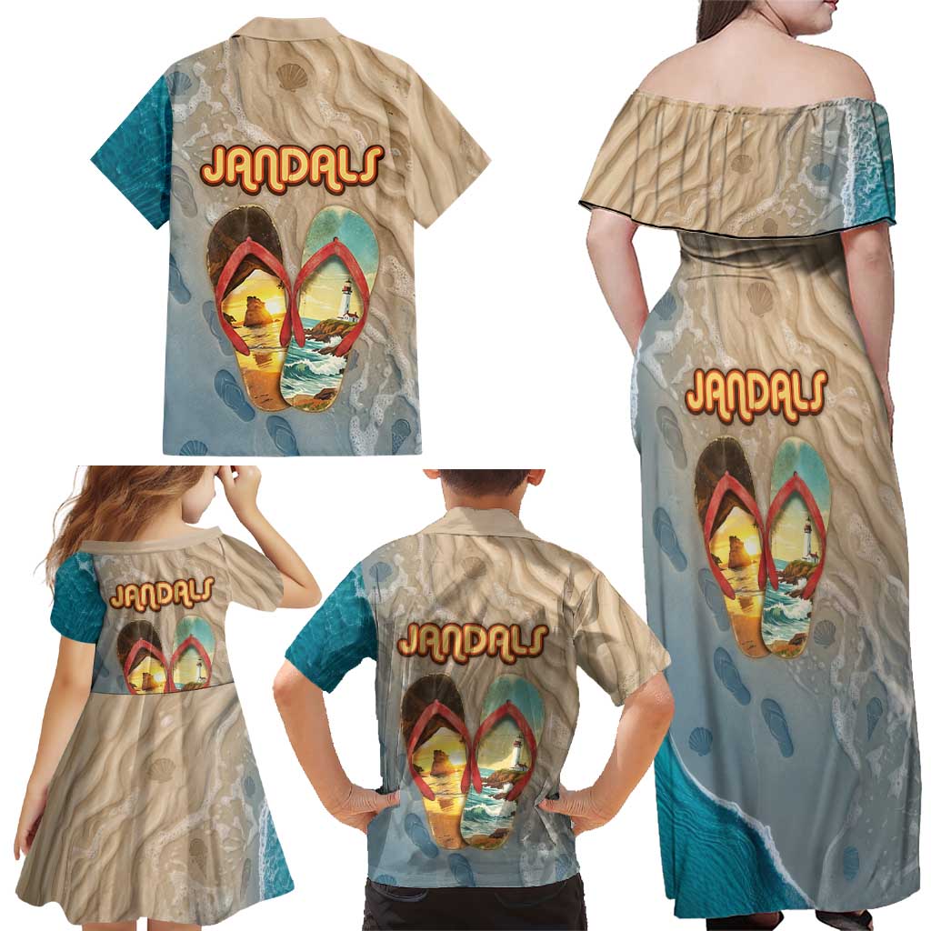 Kiwi Jandal Beach Life Family Matching Off Shoulder Maxi Dress and Hawaiian Shirt New Zealand Flip Flops Ocean Wave Surf Style