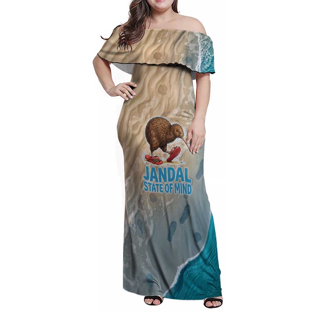 Kiwi Jandal Beach Life Family Matching Off Shoulder Maxi Dress and Hawaiian Shirt New Zealand Flip Flops Ocean Wave Surf Style